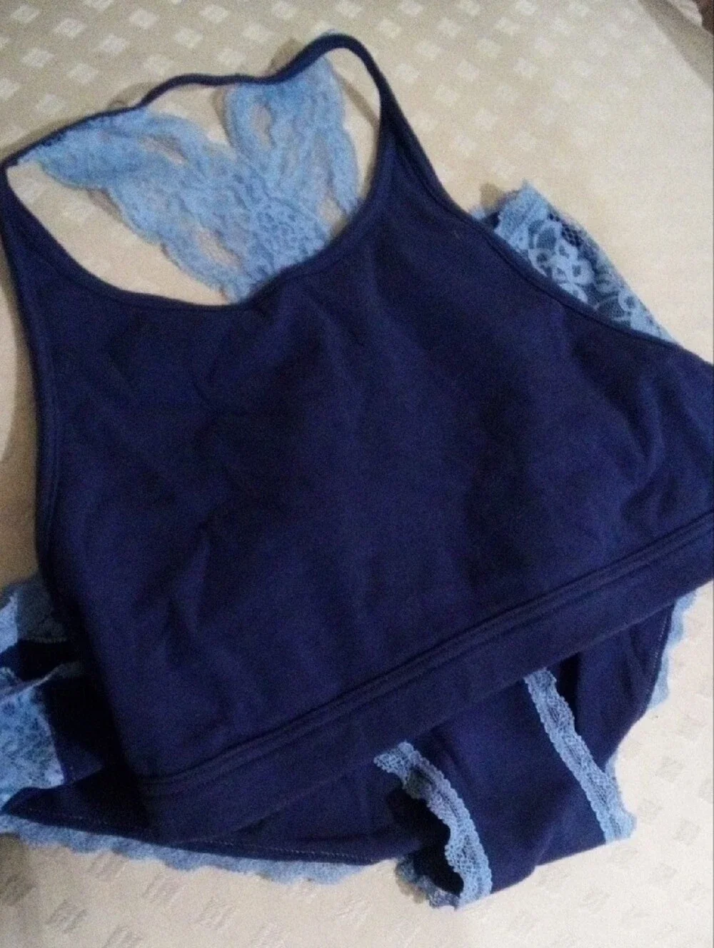 Adore Me Navy Bralette & Light Blue Lace Trim Brief Set